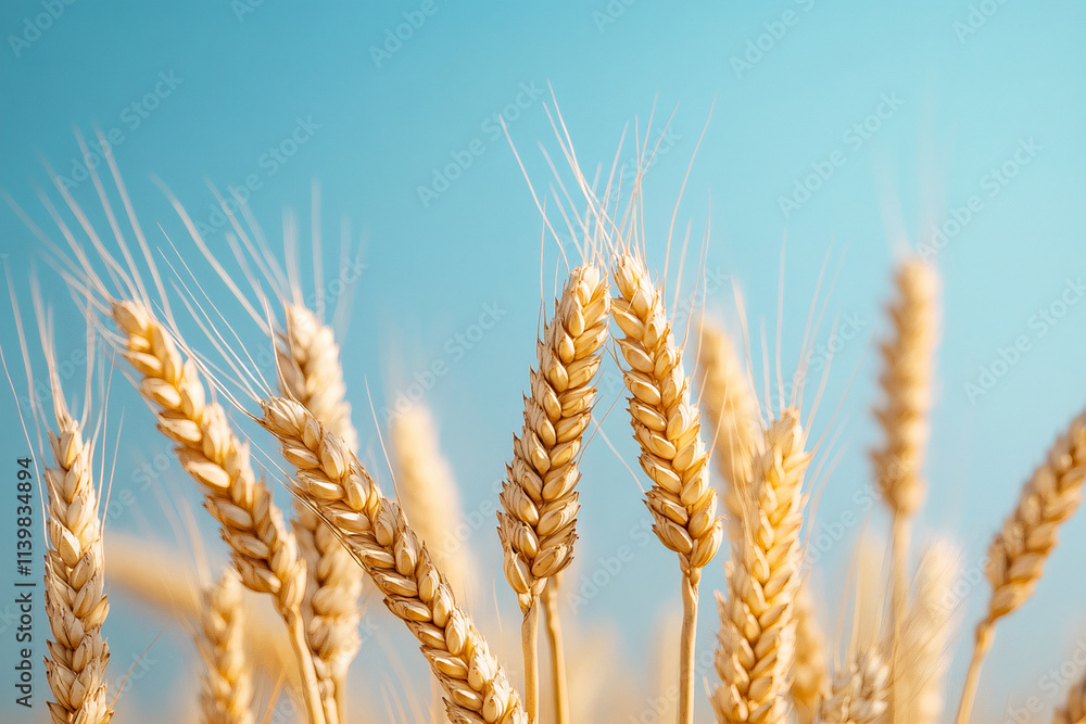 golden ears of wheat on a blue sky background golden ears of wheat on a blue sky background