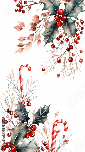 Watercolor Christmas holly berries, candy canes, branches design.