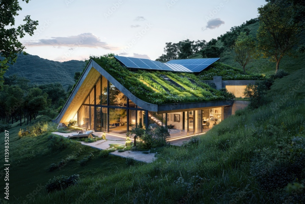 Eco-friendly home with green roofs and solar panels hillside architectural design twilight aesthetic sustainability Eco-friendly home with green roofs and solar panels hillside architectural design twilight aesthetic sustainability