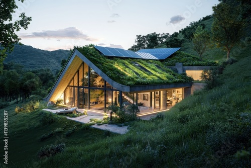 Eco-friendly home with green roofs and solar panels hillside architectural design twilight aesthetic sustainability