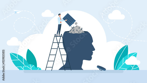 Fake news. Information noise, misinformation, conspirators telling false news. Person throws rubbish at another human head. Concept of politics, coaching, trainings, psychologist. Vector illustration