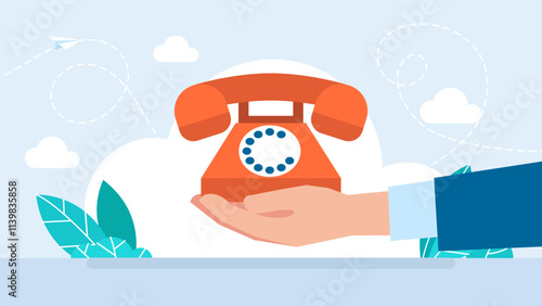 Hand holding telephone. Communication design template. Old telephone. Flat design. Phone in hand. Isolated on white background. Vector illustration