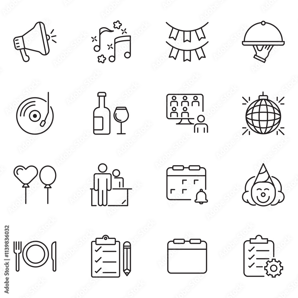 Naklejka premium Event planning set of web icons in linear style. Event organisation icons for web and mobile app. Management, wedding, entertainment, catering, invitations, catering, coordination. Vector illustration