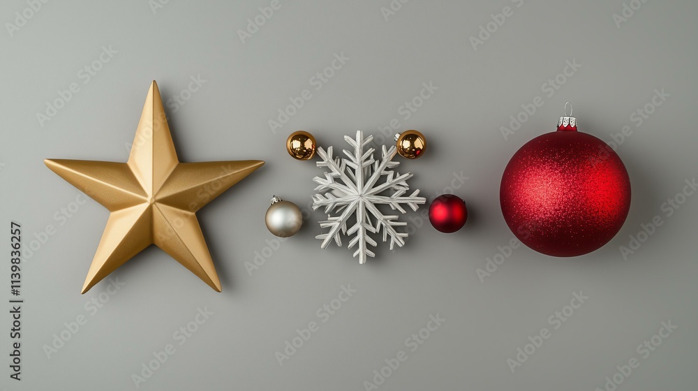 Modern Christmas Layout with Golden Star and Red Baubles Modern Christmas Layout with Golden Star and Red Baubles