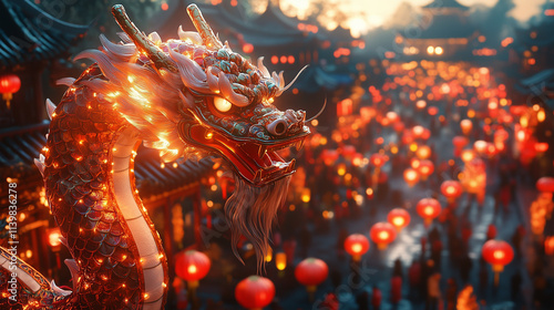 Vibrant Chinese Lantern Festival with Illuminated Dragon. Chinese New Year