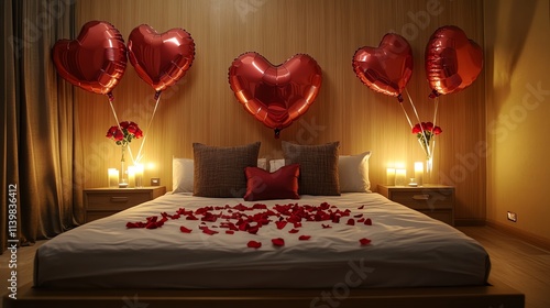 Romantic bedroom setup with heart balloons. photo