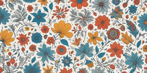 A floral patterned fabric with blue, orange, and white flowers. The flowers are arranged in a way that creates a sense of movement and depth. Scene is one of beauty and tranquility