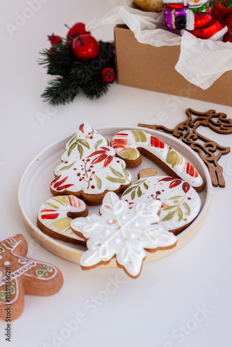  Cozy Christmas Photo with Hand-Painted Gingerbread Cookies on a Plate, Surrounded by Christmas Decor on a White Background