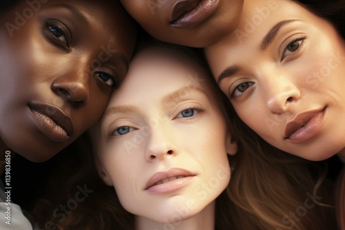 Three diverse models with flawless skin and makeup pose together, showcasing their natural beauty and different ethnicities