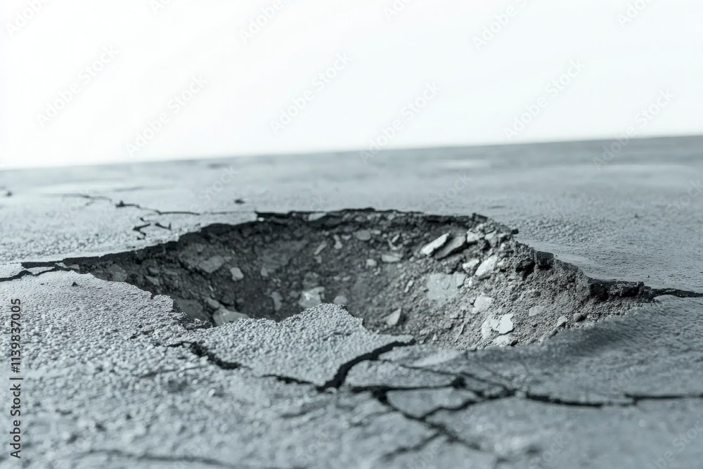 Cracked and Damaged Concrete Surface with a Deep Hole Highlighting Wear and Tear Over Time, Presenting an Urban Landscape Aesthetic in Black and White Photography Cracked and Damaged Concrete Surface with a Deep Hole Highlighting Wear and Tear Over Time, Presenting an Urban Landscape Aesthetic in Black and White Photography