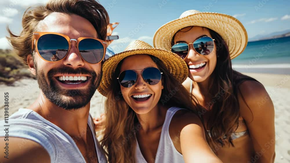 Happy Smiling Friends Taking a Selfie on Sunny Beach Vacation with Hats and Sunglasses Happy Smiling Friends Taking a Selfie on Sunny Beach Vacation with Hats and Sunglasses