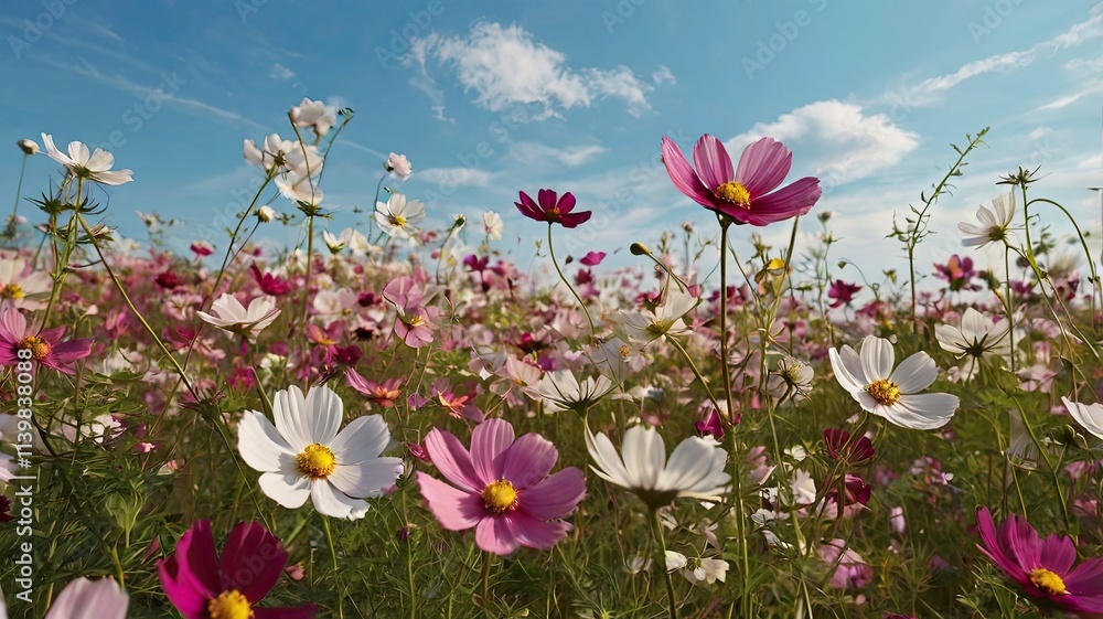 Cosmos Flower Field under Blue Sky Cosmos Flower Field under Blue Sky