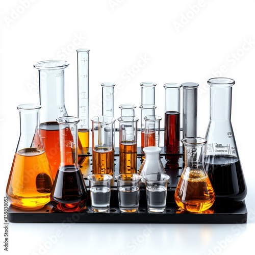 Various laboratory glassware containing colorful liquids on a black tray.