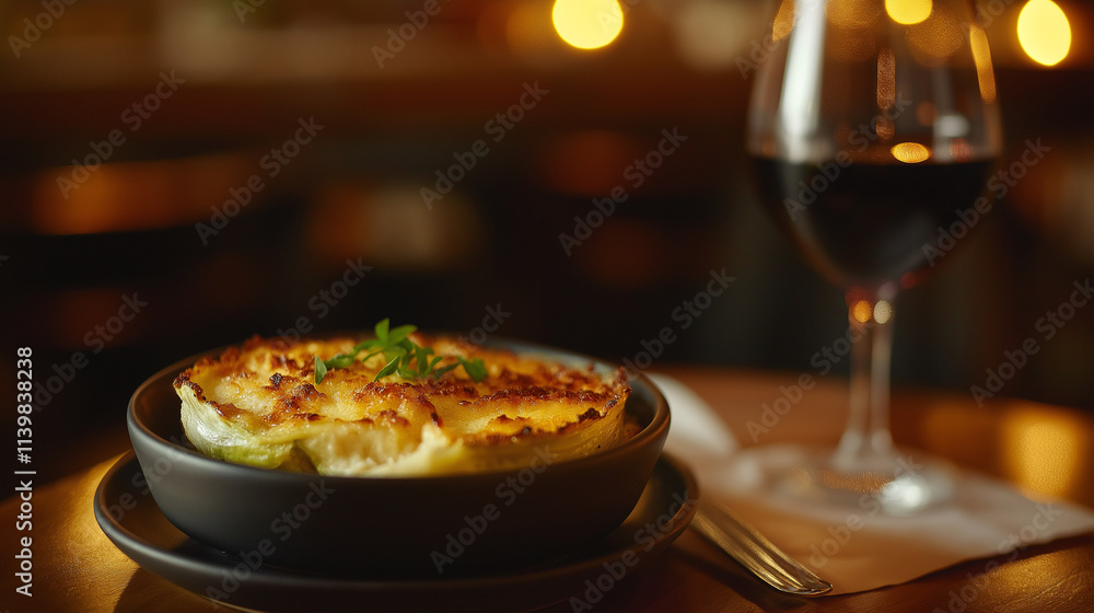 Endive gratin with red wine in cozy restaurant lighting Endive gratin with red wine in cozy restaurant lighting