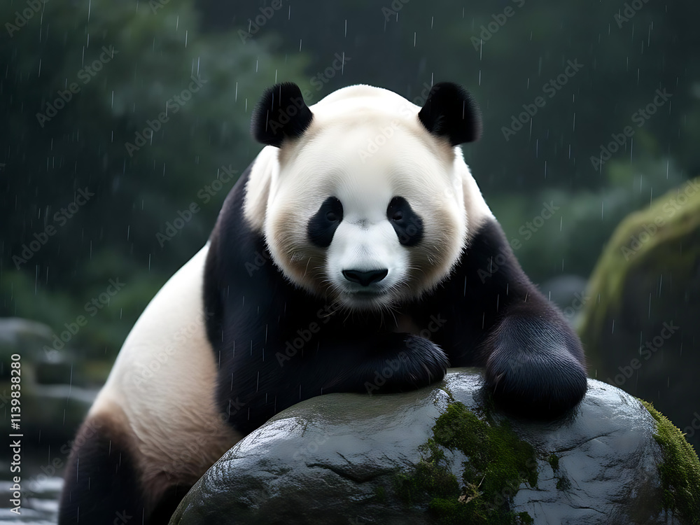 Fototapeta premium Sad panda contemplates life on a rainy day captured in a serene natural environment