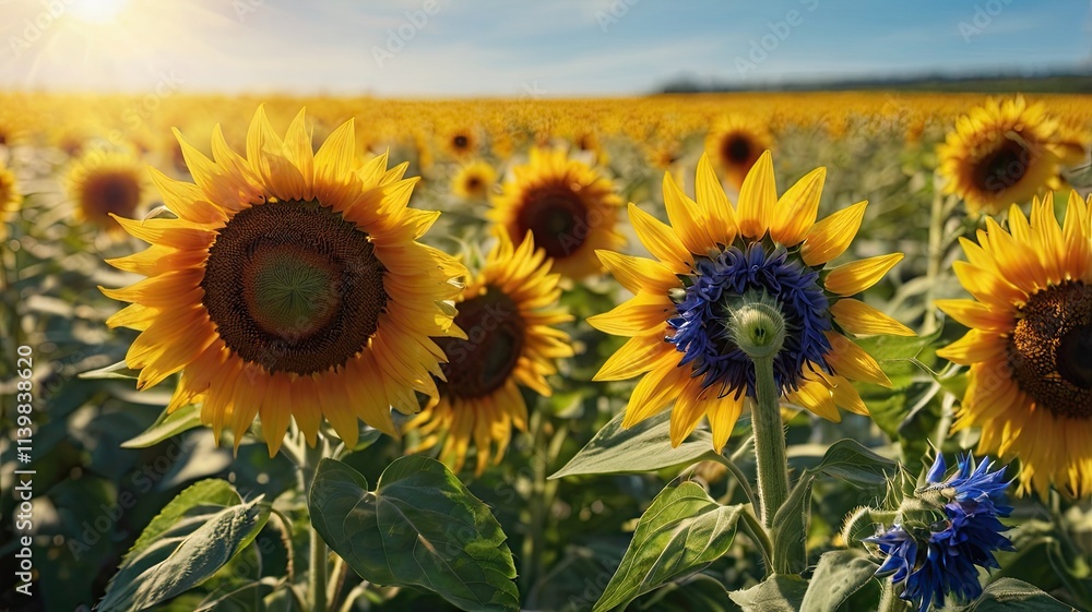 Obraz premium Sunlit Sunflower Field with Cornflower