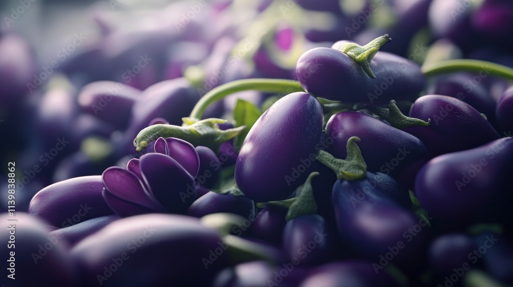 Obraz premium Close-up of vibrant purple eggplants clustered together, showcasing their rich color and delicate stems.