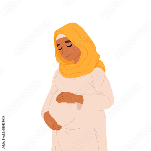 Beautiful smiling pregnant muslim woman wearing hijab. Flat cartoon vector illustration of arab woman pregnancy isolated on white background.