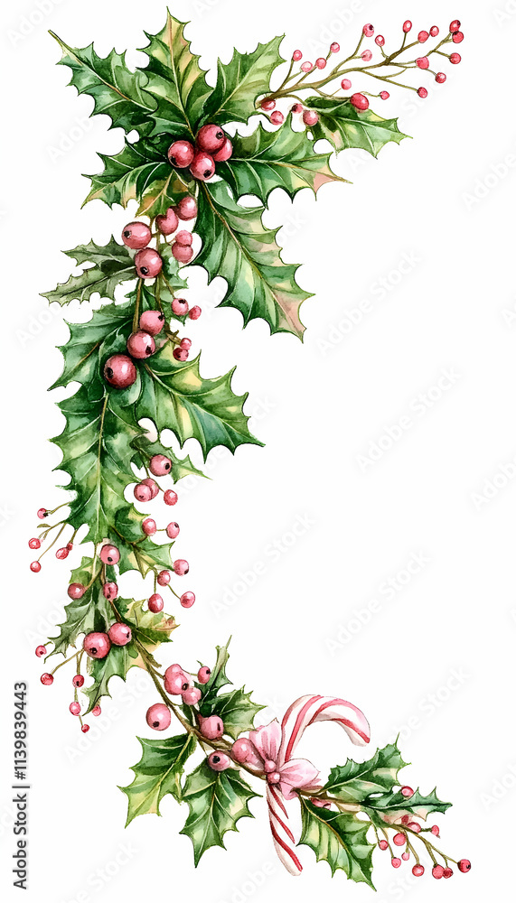 Fototapeta premium Watercolor holly berry Christmas garland with candy cane.
