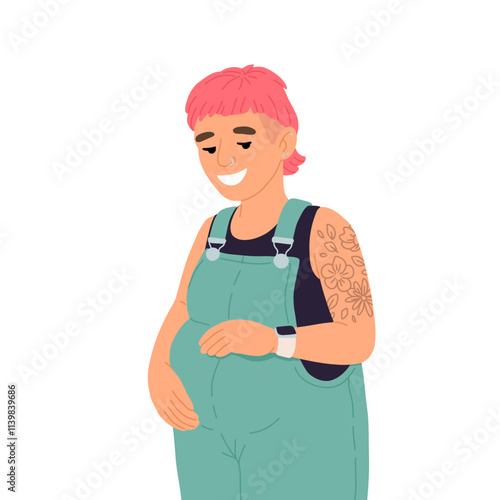 Illustration of a smiling nonbinary parent with tattoos and pink hair, lovingly embracing their pregnant belly, dressed in casual overalls. A modern, inclusive representation of family and diversity.