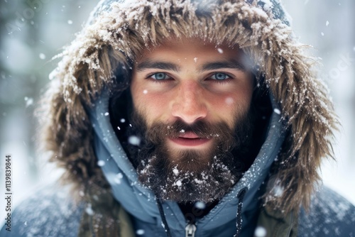 Portrait of attractive bearded man wearing winter coat with fur hood while snowing in the forest