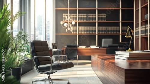 Fototapeta Naklejka Na Ścianę i Meble -  A black office chair sits in front of a desk