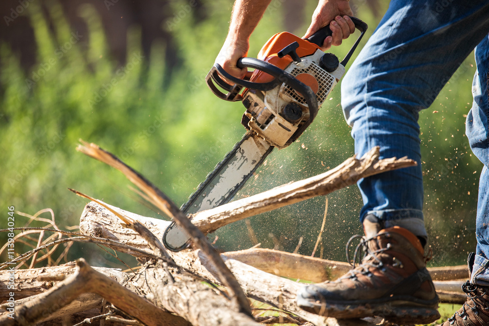 A skilled worker uses a chainsaw to precisely cut logs in a sunny outdoor setting, showcasing craftsmanship. A skilled worker uses a chainsaw to precisely cut logs in a sunny outdoor setting, showcasing craftsmanship.
