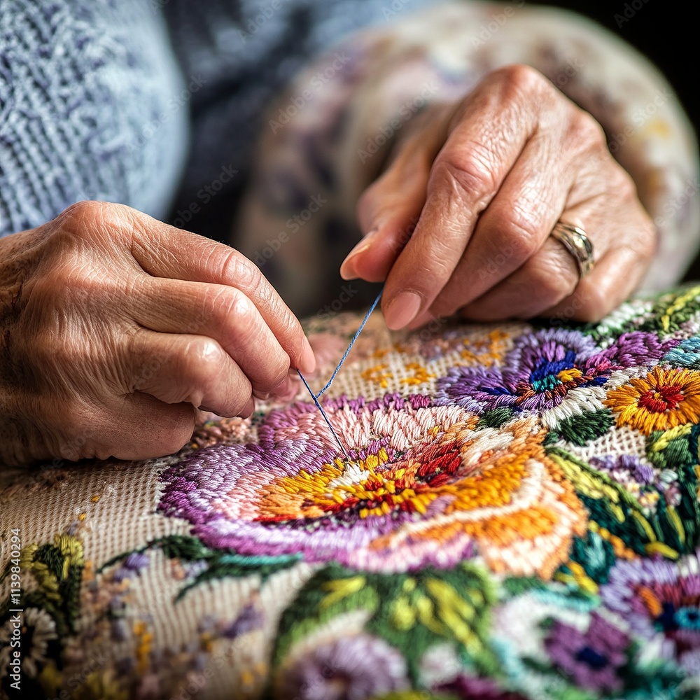 senior woman cross-stitching a vibrant floral design, close-up of her hands threading the needle senior woman cross-stitching a vibrant floral design, close-up of her hands threading the needle