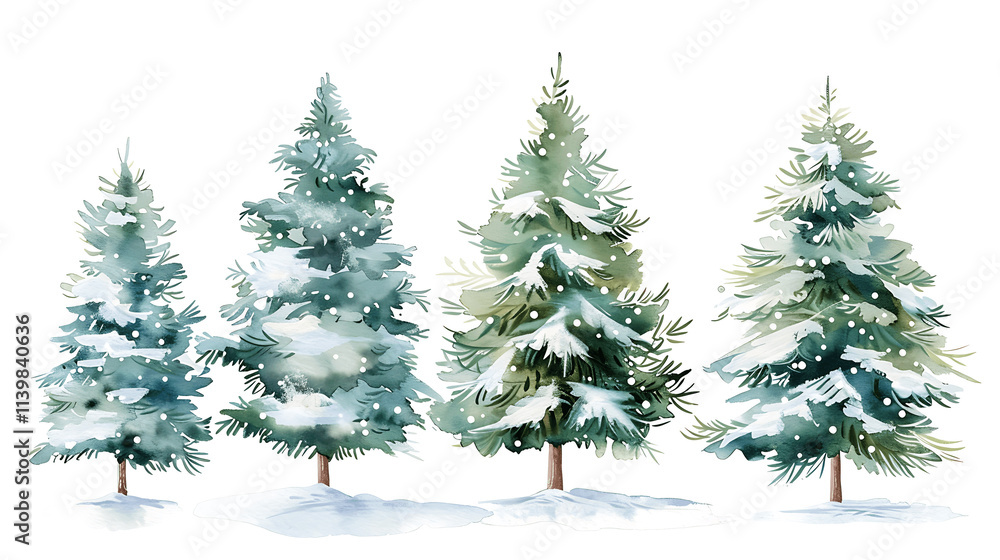 Fototapeta premium Set of Watercolor Christmas tree, isolated on a white background, Christmas tree painting. Merry Christmas