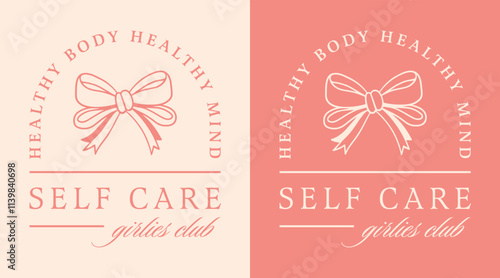 Self care girlies girls club quotes healthy body healthy mind women mental health community logo shirt design. Cute retro coquette demure fancy bow ribbon pink aesthetic event invitation card print.