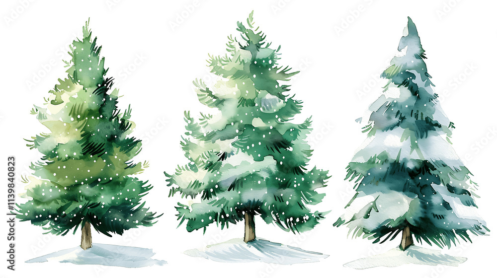 Obraz premium Set of Watercolor Christmas tree, isolated on a white background, Christmas tree painting. Merry Christmas