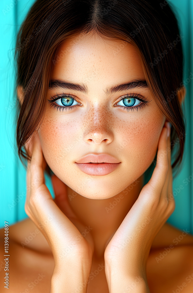 A woman with blue eyes and a tan complexion. She is holding her hands up to her face A woman with blue eyes and a tan complexion. She is holding her hands up to her face