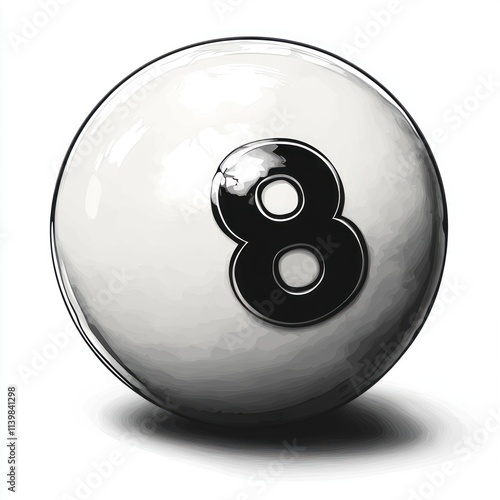 Eight ball, white sphere with black number eight. photo