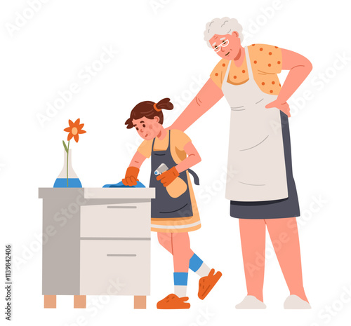 Grandmother teaching granddaughter doing house chores flat vector illustration isolated on white. Little girl in apron helping wiping the dust.