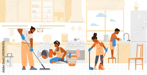 African American family cleaning the kitchen flat vector illustration. Family doing house chores together.