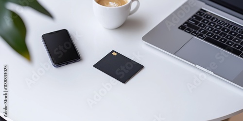 A laptop and a cell phone are on a table with a black card on the table. The laptop is open and the cell phone is turned off