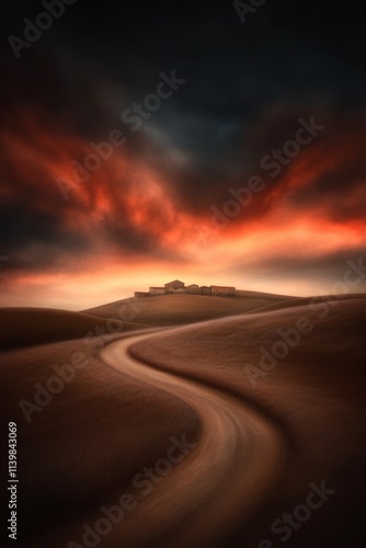 Dramatic sunset over rolling hills, winding road leads to farmhouse.