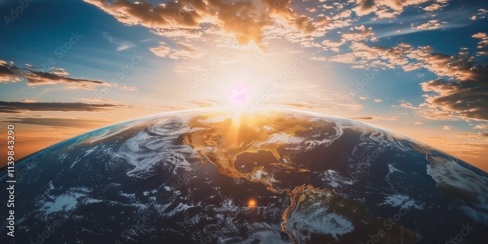 View of Earth from space with a glowing sunrise illuminating the atmosphere and scattered clouds, symbolizing hope, connection, and the beauty of our planet View of Earth from space with a glowing sunrise illuminating the atmosphere and scattered clouds, symbolizing hope, connection, and the beauty of our planet
