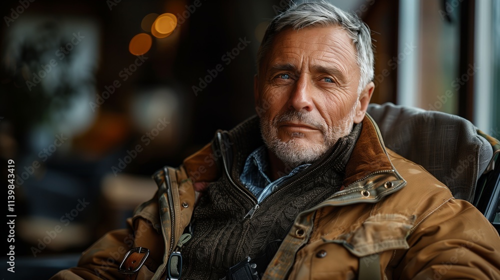 Fototapeta premium Elderly man with gray hair wearing warm clothing indoors