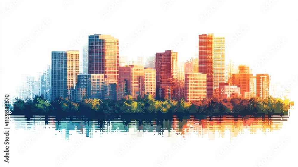 Obraz premium A pixel art real estate building skyscraper, on a solid white background