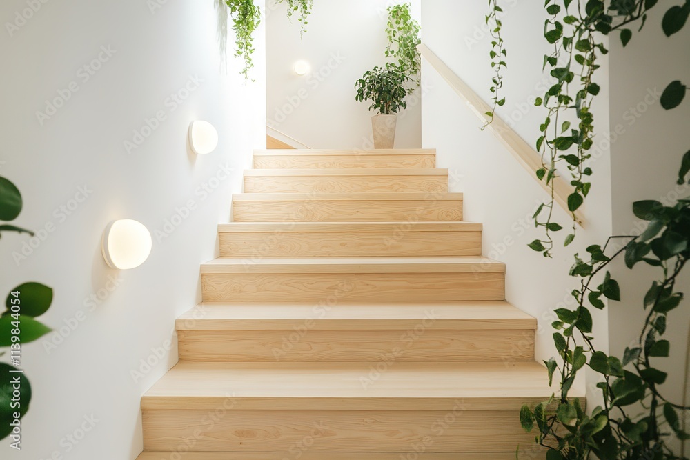 Obraz premium Bright wooden staircase with plants and wall lights