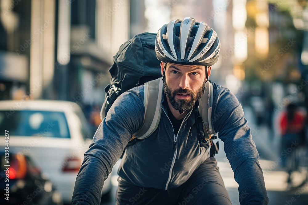 Focused cyclist with helmet riding in urban setting Focused cyclist with helmet riding in urban setting