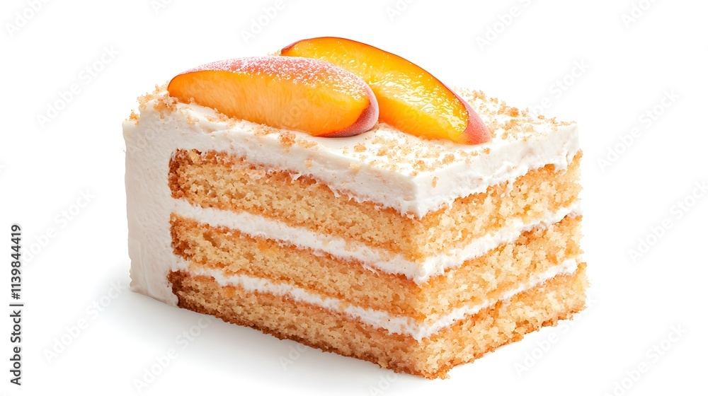 single slice of peach cake, creamy layers, fresh peach slices on glossy top, soft and airy crumbs, isolated on white background single slice of peach cake, creamy layers, fresh peach slices on glossy top, soft and airy crumbs, isolated on white background