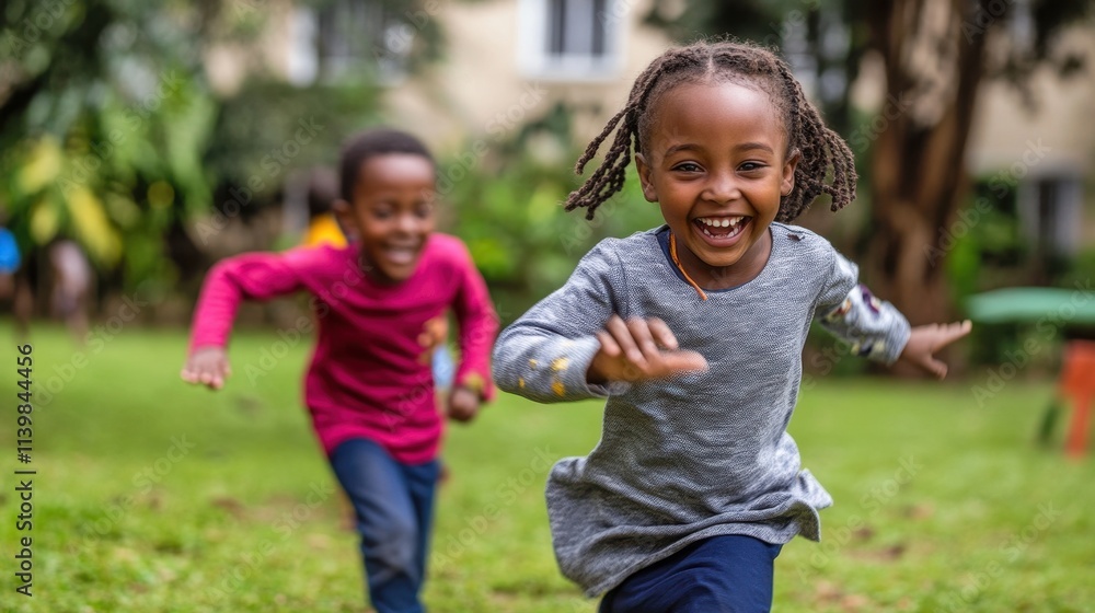 Joyful Children Playing in a Lush Green Garden Joyful Children Playing in a Lush Green Garden