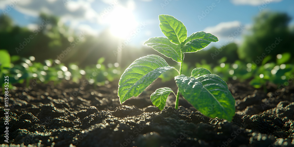 Young Plant Sprouting in Rich Soil, Basking in Sunlight. Growth, Nature, and Rebirth Symbolize New Beginnings. Young Plant Sprouting in Rich Soil, Basking in Sunlight. Growth, Nature, and Rebirth Symbolize New Beginnings.