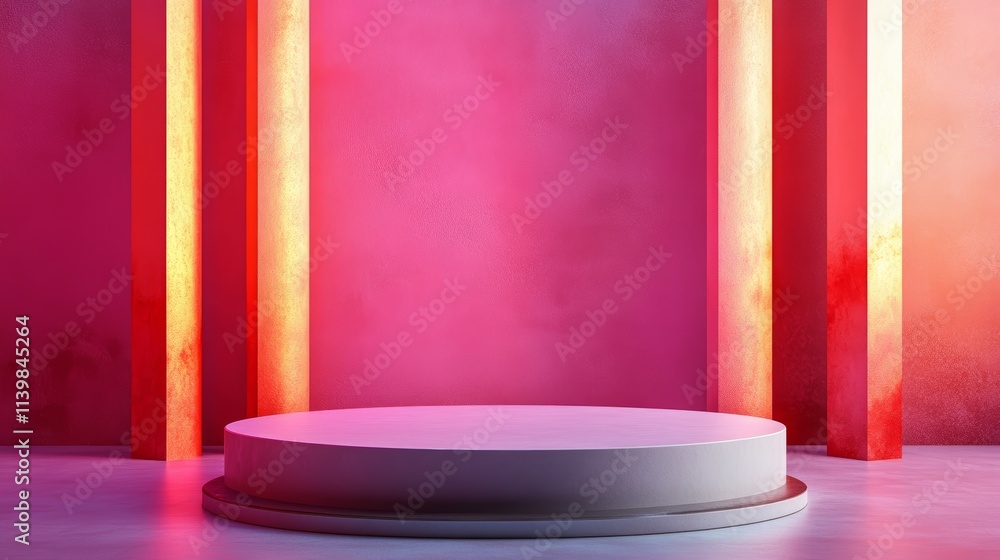 Abstract Pink and Red Studio Backdrop with a Cylindrical Pedestal. 3D Product Podium.