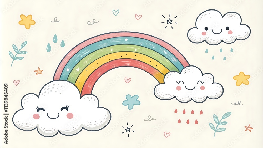 A playful and whimsical photostock image of a hand-drawn doodle of clouds and rainbows, capturing a childlike sense of wonder. A playful and whimsical photostock image of a hand-drawn doodle of clouds and rainbows, capturing a childlike sense of wonder.