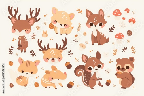 Cute cartoon animals in a whimsical forest setting with mushrooms and acorns.