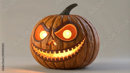 A photostock image of a spooky Halloween pumpkin with a glowing face, isolated against a dark background.