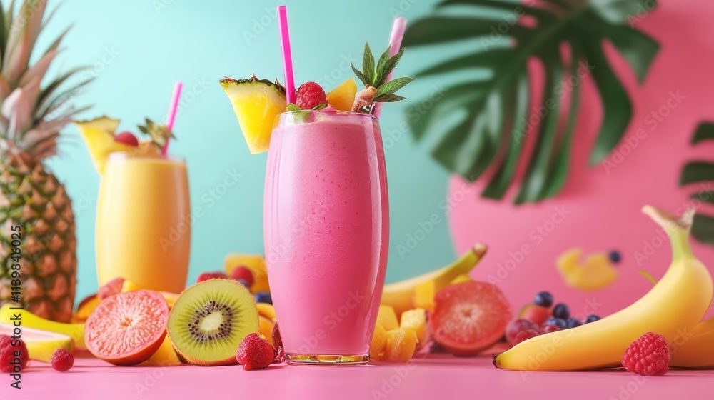 A glass of pink drink with a straw in it A glass of pink drink with a straw in it